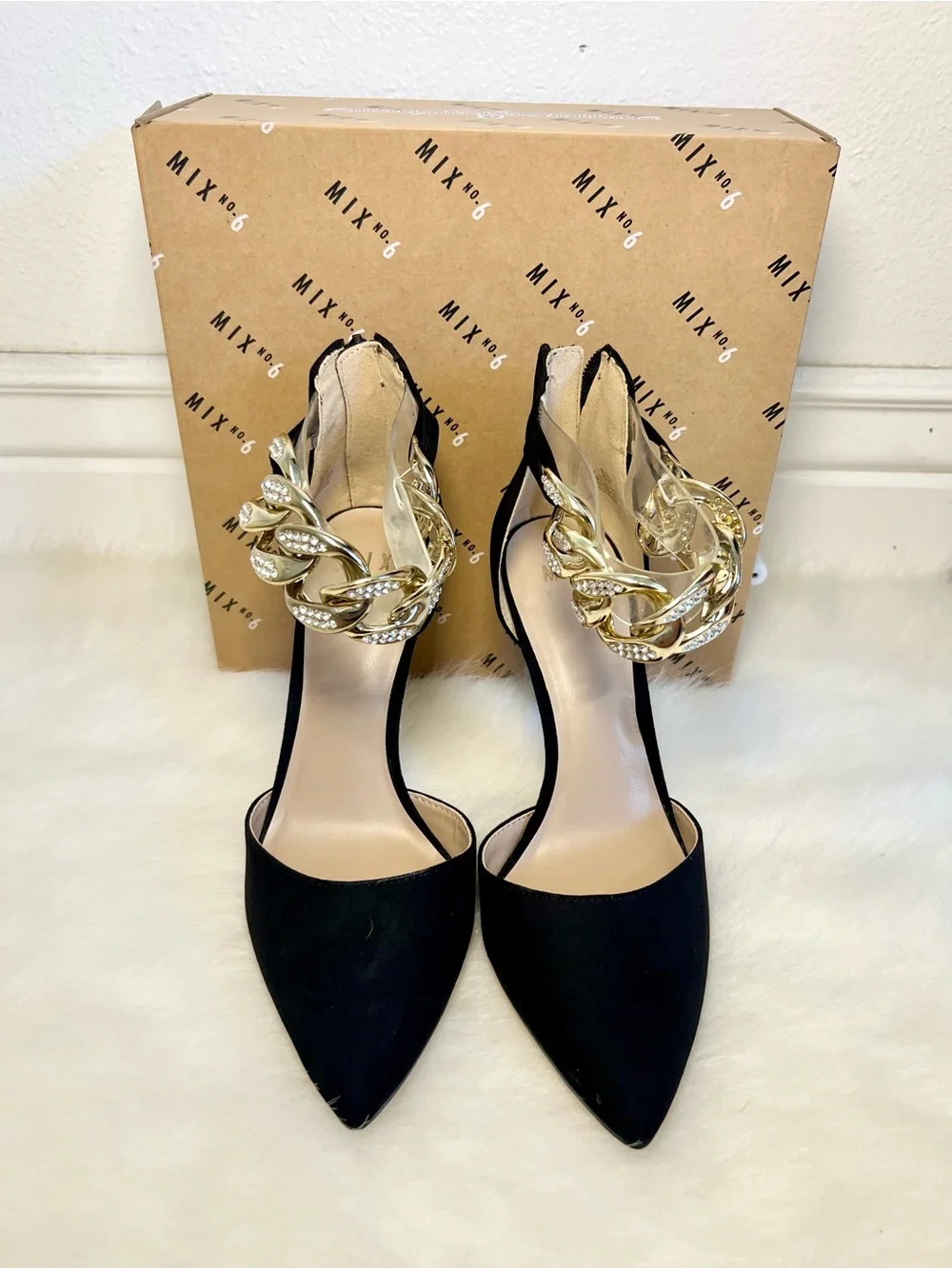 Mix No. 6 Dinla Black Suede Pointed-Toe Pump with Gold Crystal Chain Ankle Strap